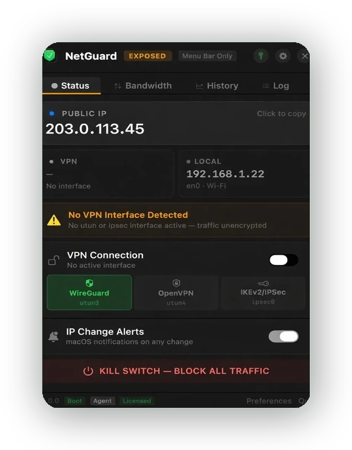NetGuard macOS menu bar VPN monitoring app showing VPN status, IP addresses, bandwidth, and kill switch controls